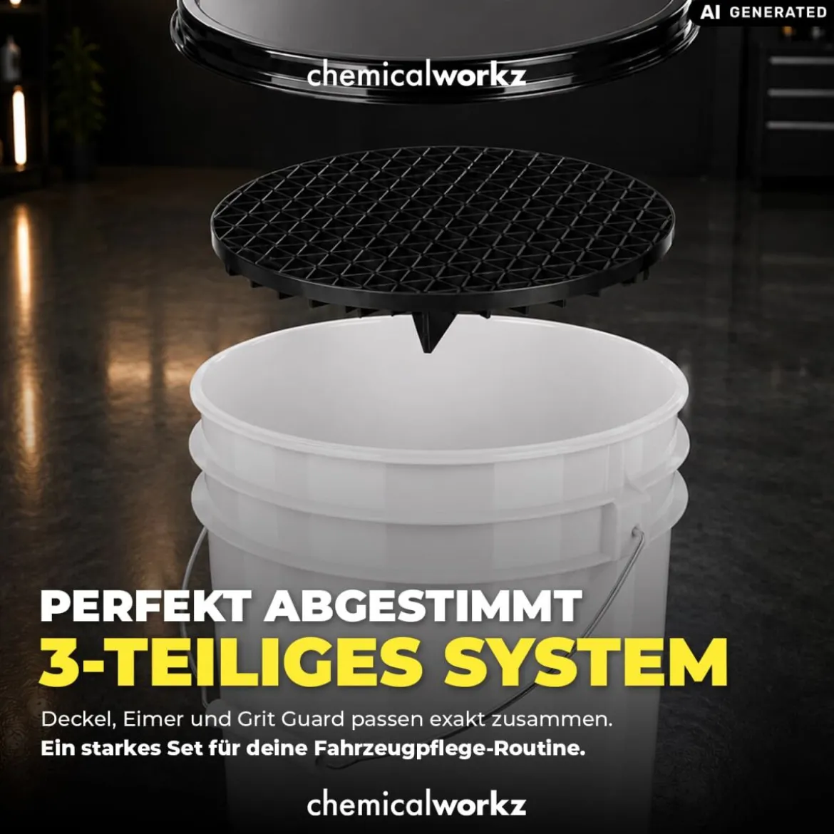 chemicalworkz Wascheimer Set 20 Liter Weiß Transparent + Basic Zubehör Schwarz (3-teilig)