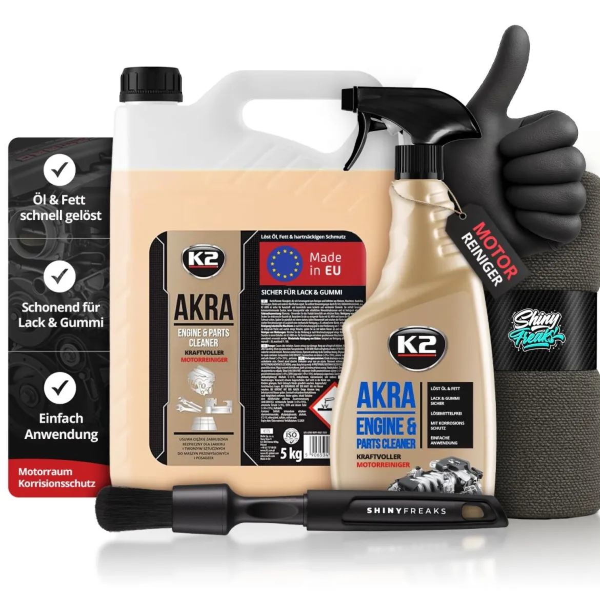 K2 Akra Motorraumreiniger 5kg + 770ml + Zubehör (5-teilig)