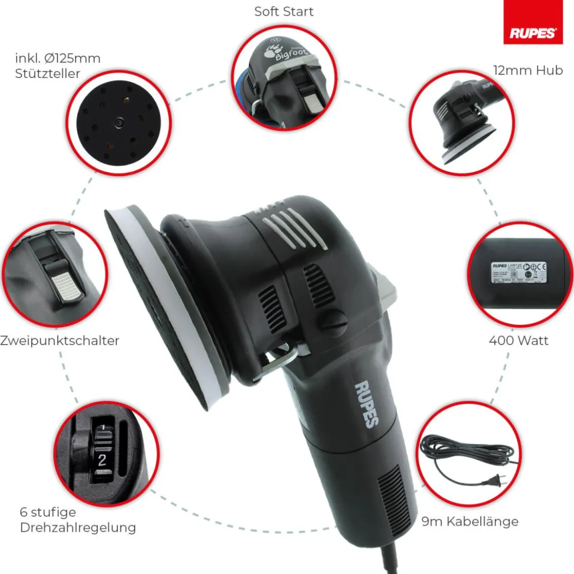 Rupes BigFoot LHR 12E Duetto Exzenterpoliermaschine Luxus Kit, 17-teilig