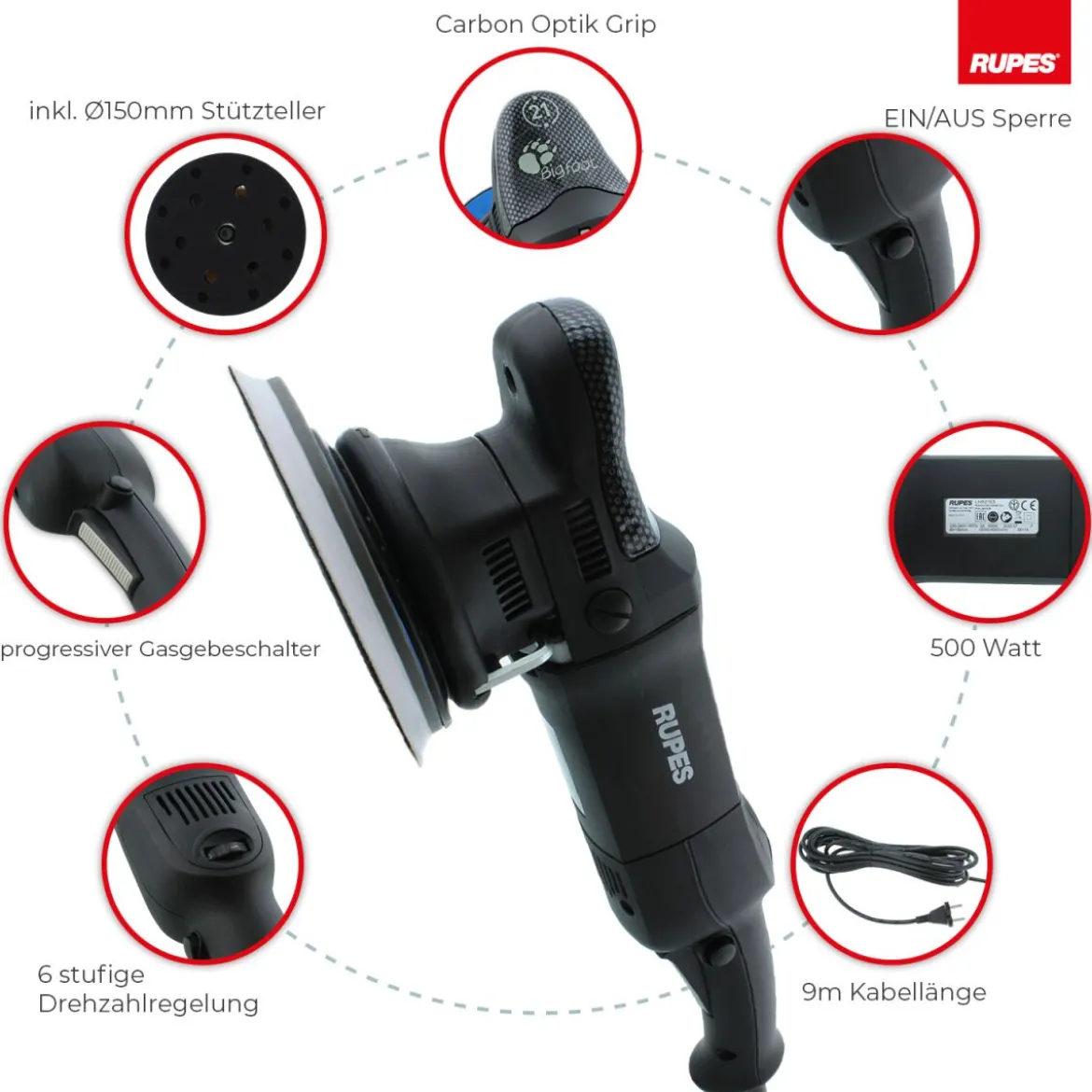 Rupes BigFoot LHR 21ES Exzenterpoliermaschine Basis Kit, 8-teilig